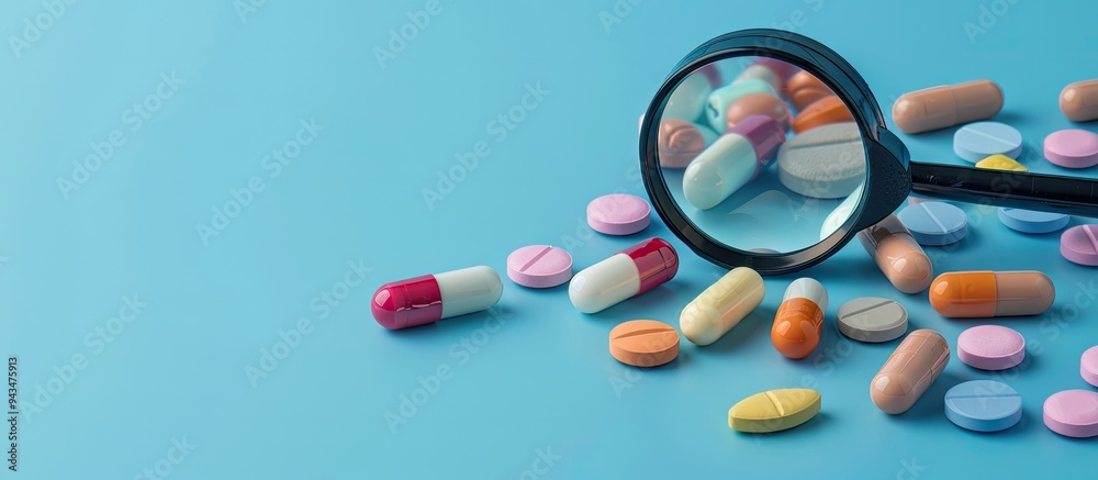 Magnifier next to assorted pills on a blue backdrop with copy space image Magnifier next to assorted pills on a blue backdrop with copy space image