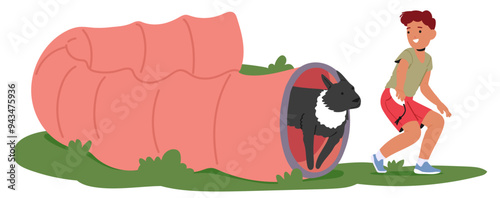 Boy Training A Dog Outdoors, Guiding It Through A Tunnel Obstacle. Cartoon Vector Scene Captures Essence Of Dog Training