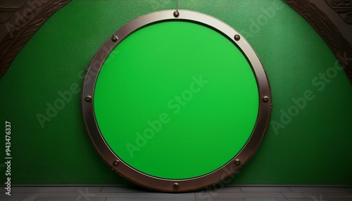 A green screen hosts a circular mockup signboard