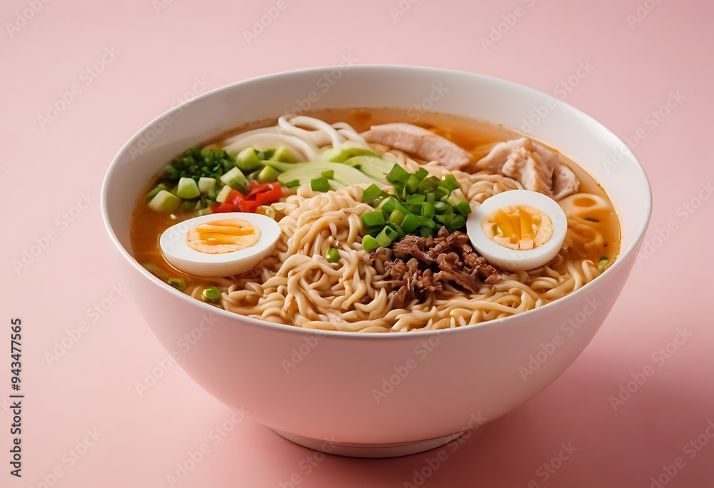 Delicious Japanese Ramen with chicken, Mushrooms, Eggs, noodles, meat in bowl Delicious Japanese Ramen with chicken, Mushrooms, Eggs, noodles, meat in bowl