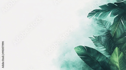 Lush green tropical leaves with a soft watercolor background.