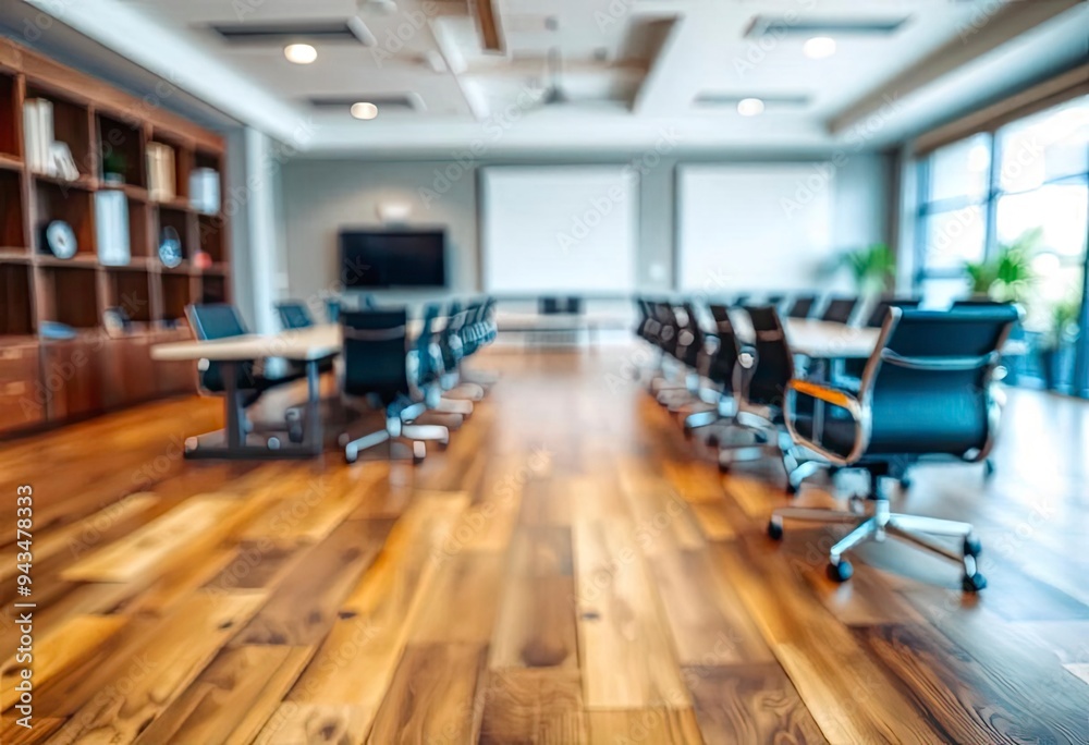 Defocused office background of a Board room with rustic wooden flooring, ai Defocused office background of a Board room with rustic wooden flooring, ai