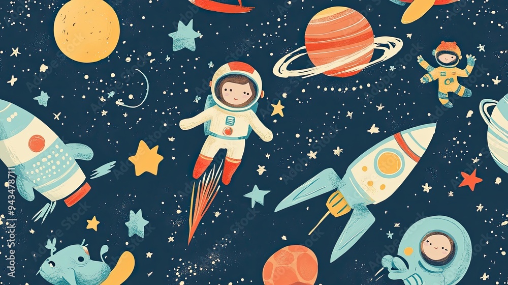 Cartoon outer space wallpaper with astronauts, rockets, and aliens, perfect for sparking curiosity in a young explorer's bedroom.