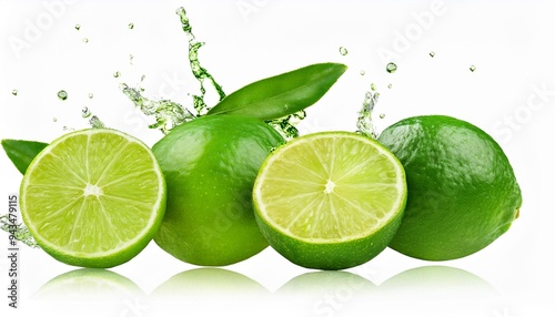 fresh limes splashing with leaves cut out