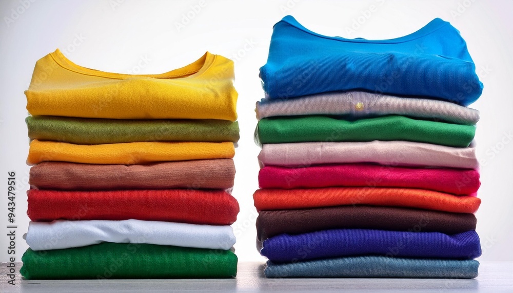 Folded and stacked cotton t-shirts in various colors Folded and stacked cotton t-shirts in various colors