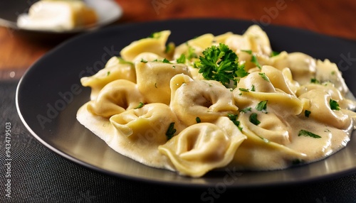 close up of tortellini in a creamy alfredo sauce sprinkled with parsley on dark plate blurred background