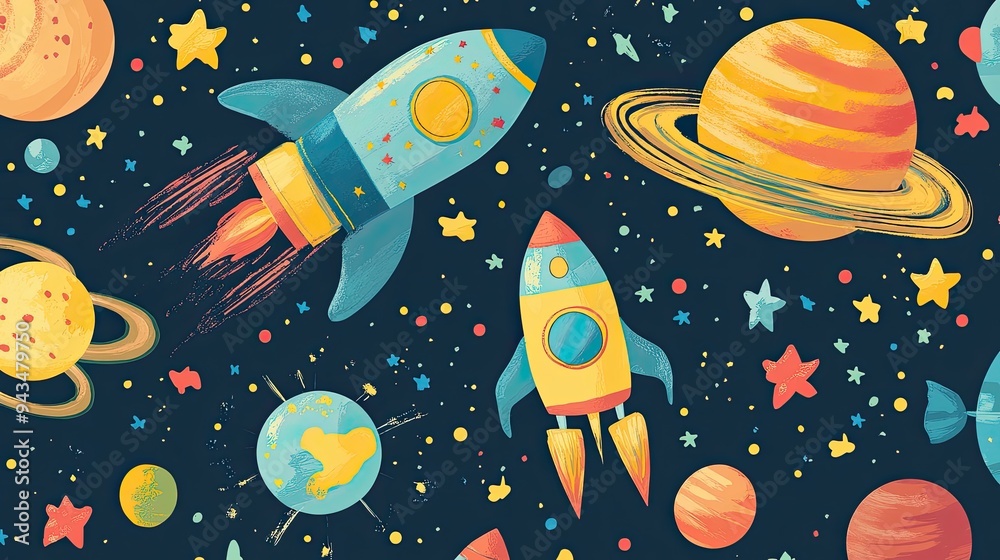 Fototapeta premium Colorful space-themed wallpaper featuring rockets, planets, and stars, perfect for a child's adventurous bedroom.