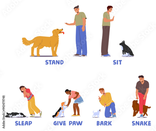 Various Dog Training Commands Such As Stand, Sit, Sleep, Give Paw, Bark And Snake, Along With Their Handlers