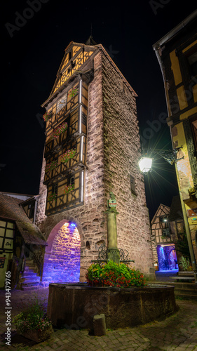 A beautiful night alsacian architecture pic taken in Riquewihr in France on August 20th 2024 photo