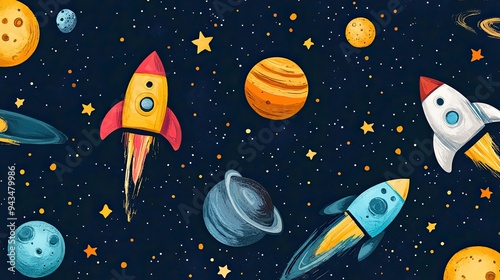 Colorful space-themed wallpaper featuring rockets, planets, and stars, perfect for a child's adventurous bedroom.