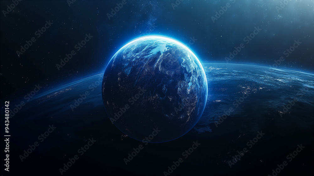 Naklejka premium View of Earth from space highlighting vibrant blue atmosphere on dark background. Generative AI