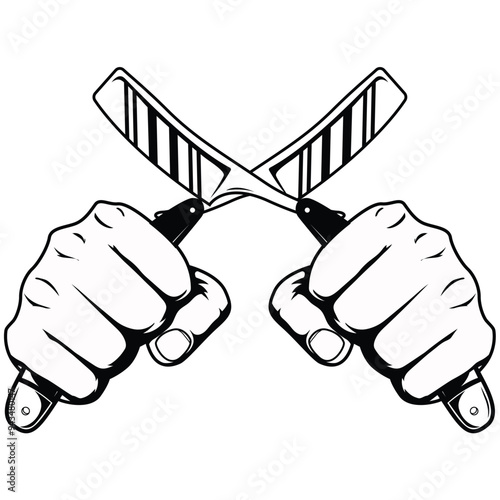 Hand holding straight razor tools vector illustration. Fist with shaving knife for logo, label, emblem, sign, badge.	
