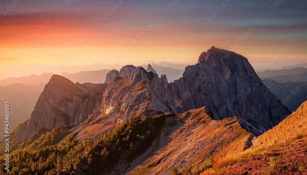 Fototapeta premium mountain majesty rugged beauty of a mountain peak at sunset focusing on the intricate details of rocks and vegetation bathed in the warm golden light of the fading day