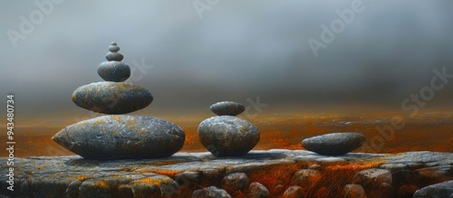 Stone balancing a skill involving arranging rocks with precision creating a serene and mesmerizing copy space image