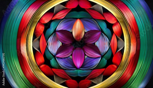 floral centerpiece an abstract fractal work with an optically challenging hexagonal floral design in red blue green purple yellow and black photo