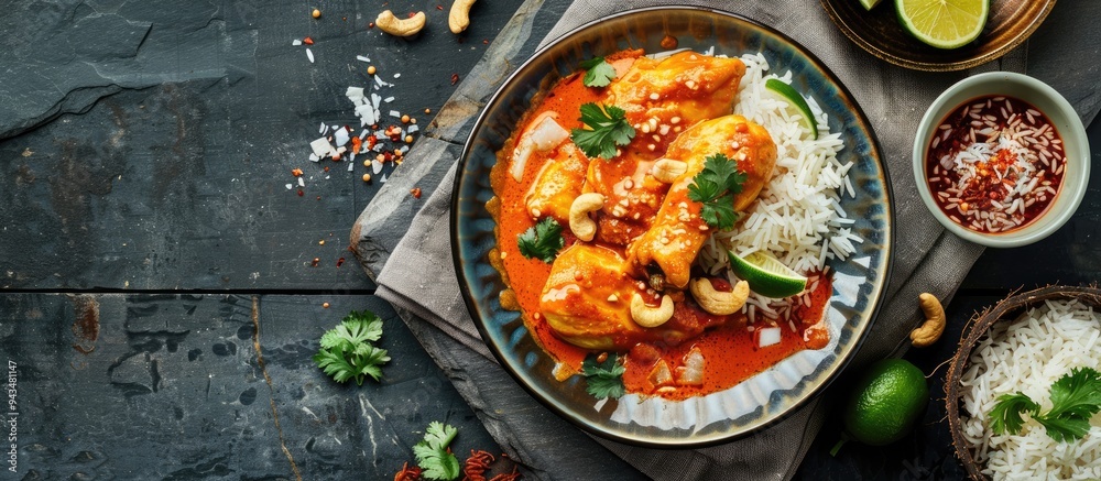 Deliciously prepared spicy butter chicken served with red curry sauce red rice coconut lime and cashews beautifully presented on a natural stone plate with copy space image Deliciously prepared spicy butter chicken served with red curry sauce red rice coconut lime and cashews beautifully presented on a natural stone plate with copy space image