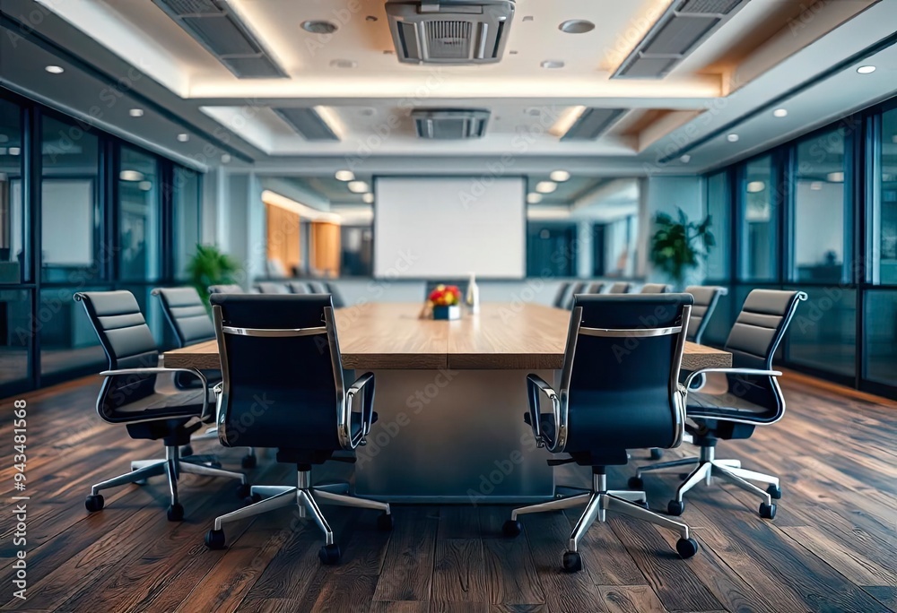 Defocused office background of a Board room with rustic wooden flooring, ai