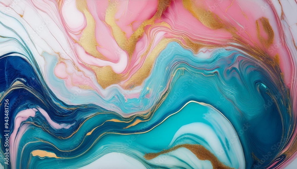 abstract marble texture with liquid gold swirls and colorful pink blue and turquoise colors