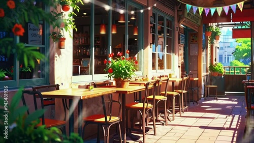 comfortable atmosphere of a minimalist cafe with beautiful floral decorations, cartoon or anime digital painting illustration style. Seamless looping 4k video animation