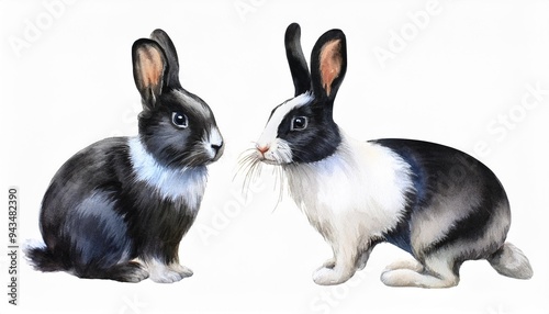 watercolor illustration of black white dutch rabbit pet farm animal