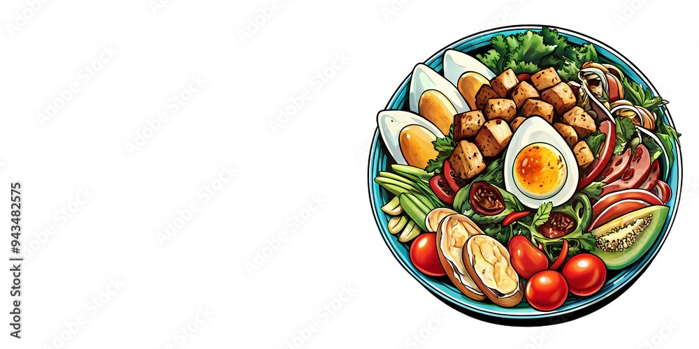 Healthy salad with chicken meat and fresh fruits an eggs Healthy salad with chicken meat and fresh fruits an eggs
