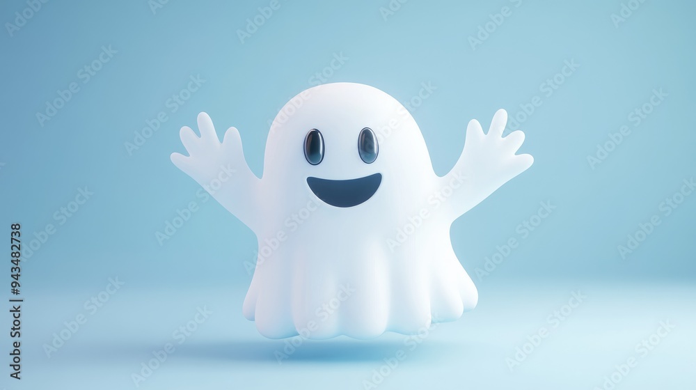 Friendly ghost waving hello, floating against pastel blue backdrop, flat design, front view, Halloween theme, 3D render, colored pastel Friendly ghost waving hello, floating against pastel blue backdrop, flat design, front view, Halloween theme, 3D render, colored pastel