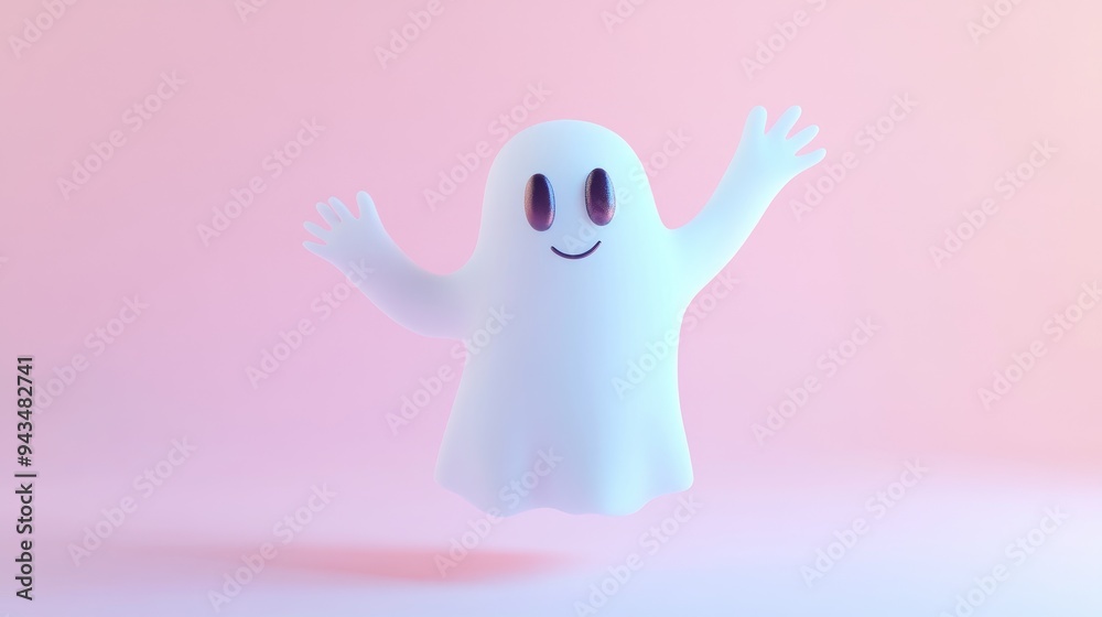 Friendly ghost waving hello, floating against pastel blue backdrop, flat design, front view, Halloween theme, 3D render, colored pastel 