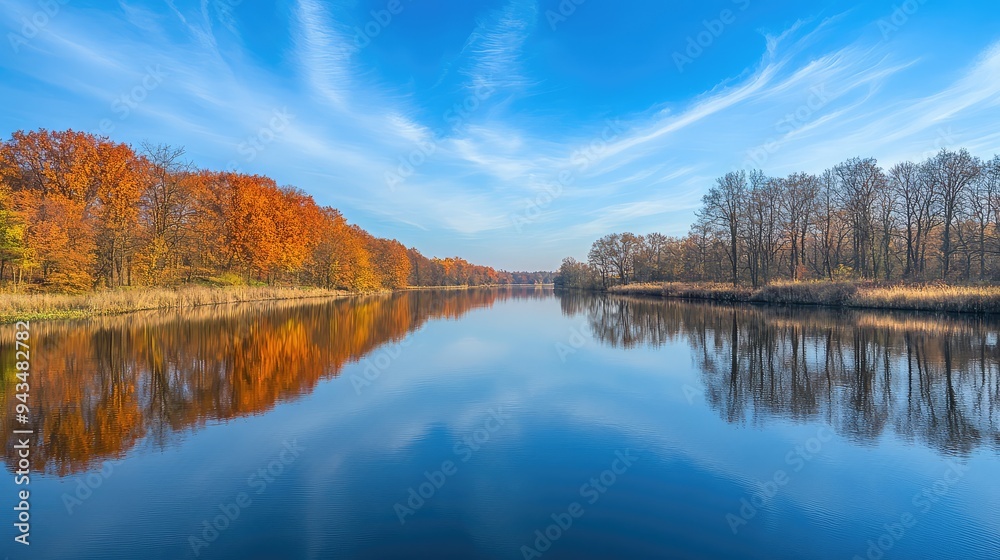 A calm river reflecting the warm colors of autumn trees and the cool blue sky.