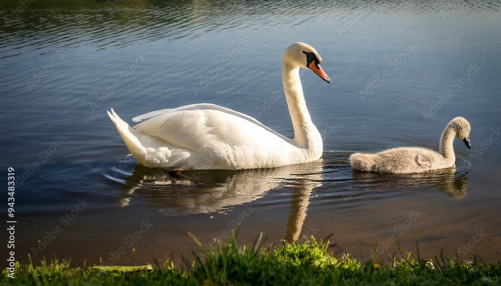 swan and a cygnet by the loch swan and a cygnet by the loch