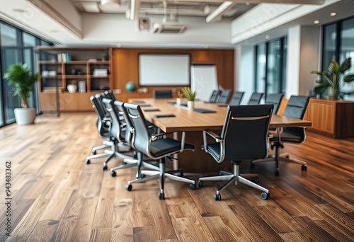 Defocused office background of a Board room with rustic wooden flooring, ai