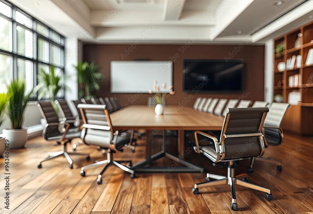 Defocused office background of a Board room with rustic wooden flooring, ai Defocused office background of a Board room with rustic wooden flooring, ai