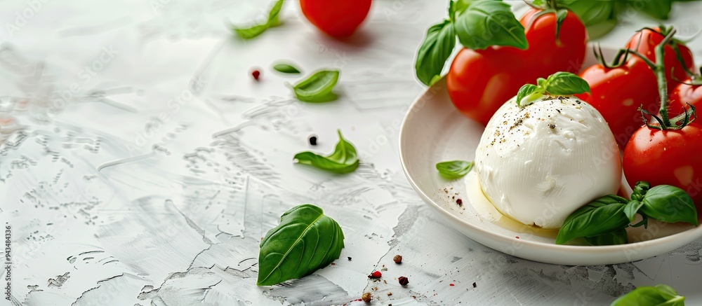 Φωτογραφία Close up photo of tasty burrata cheese tomatoes and basil on a bright table with