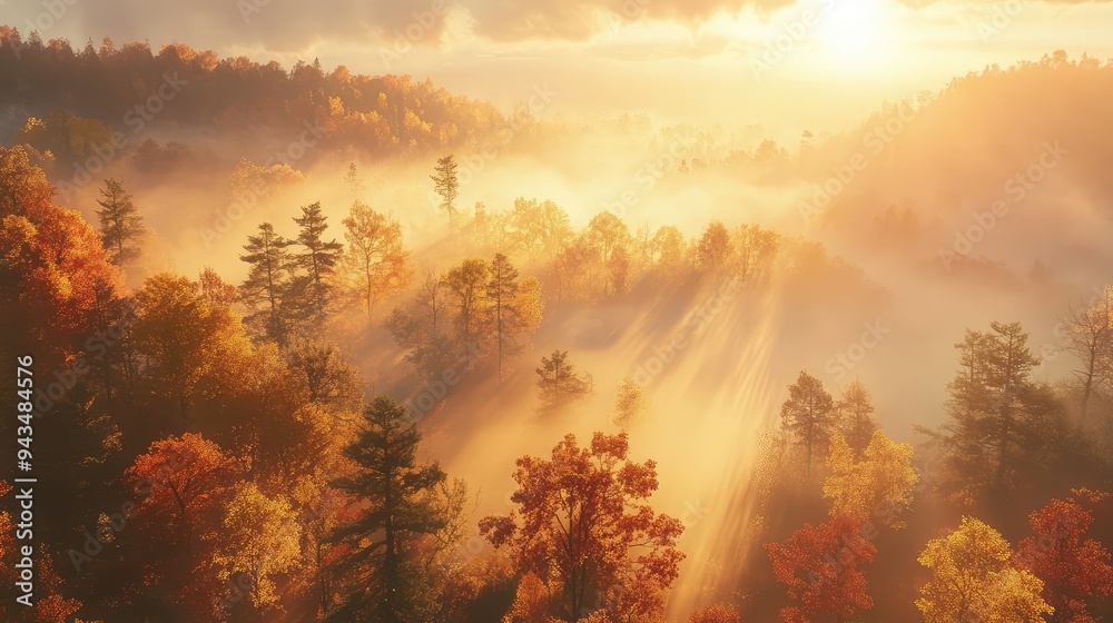 Obraz premium A misty autumn morning with the sun breaking through, illuminating the earth below.