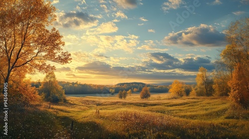 A peaceful autumn evening, with the last light of the day illuminating the sky and earth.