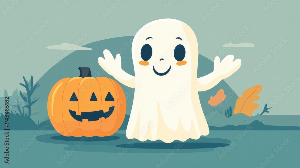 Friendly ghost waving hello, holding a Halloween pumpkin, flat design, front view, Halloween theme, cartoon drawing, Complementary Color Scheme Friendly ghost waving hello, holding a Halloween pumpkin, flat design, front view, Halloween theme, cartoon drawing, Complementary Color Scheme
