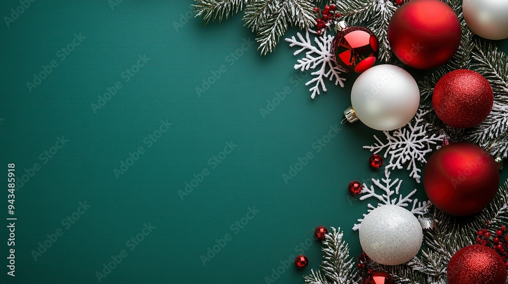 Merry Christmas and Happy Holidays greeting card, frame, banner. New Year. Noel. White Christmas white and red ornaments on green background top view. Winter holiday xmas theme. Flat lay. generative a Merry Christmas and Happy Holidays greeting card, frame, banner. New Year. Noel. White Christmas white and red ornaments on green background top view. Winter holiday xmas theme. Flat lay. generative a