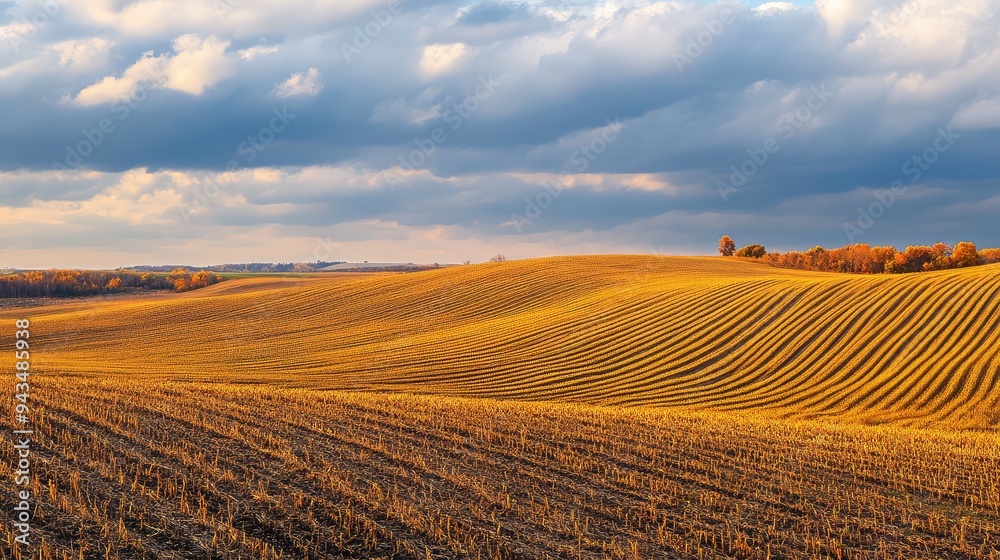 A rural landscape with fields of golden crops, under an expansive autumn sky. A rural landscape with fields of golden crops, under an expansive autumn sky.