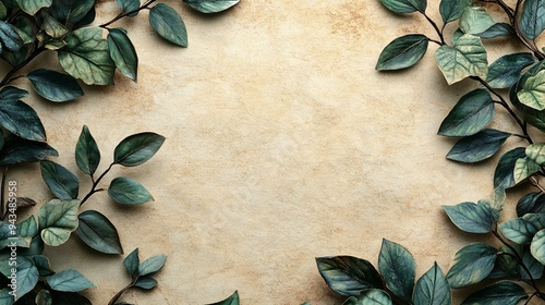 Aesthetic green leaves framing a textured beige backdrop, perfect for nature-themed designs.