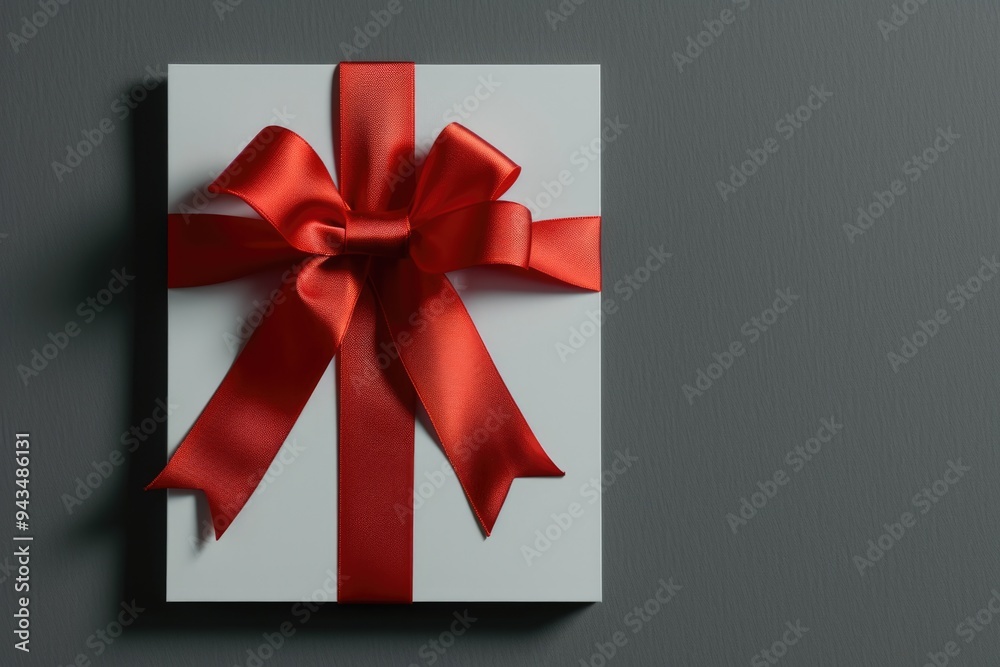 Minimalist 3D Rendered Blank Gift Card with Red Ribbon Bow on Grey Background Minimalist 3D Rendered Blank Gift Card with Red Ribbon Bow on Grey Background