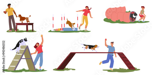 People Training Their Dogs On An Outdoor Agility Course. Vector Image Shows Activities Such As Jumping, Balance Beam