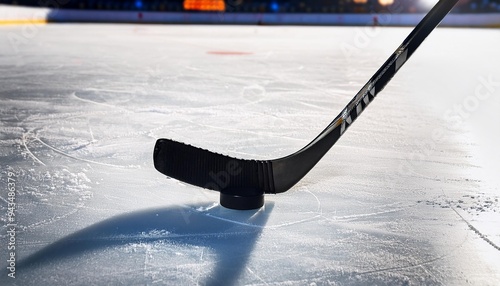 close up of ice hockey stick on ice rink in position to hit hockey puck