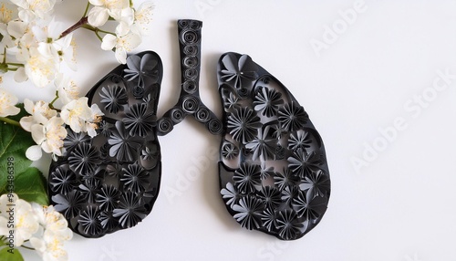 foci in the lungs in the form of flowers made of black paper against the background of light white flowers photo