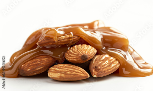 Close-up of almonds in caramel.
almond in melted caramel isolated on white background.