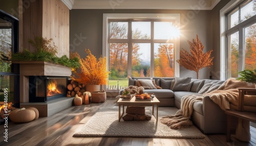 Fall Comfort at Home: A Cozy Living Room with a Crackling Fireplace, Warm Blankets, and Seasonal Decor. Generative AI