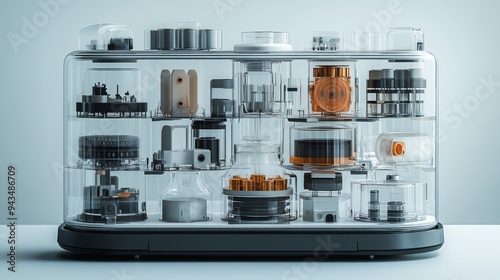 A product showcases its modular components in a clear display, emphasizing ease of disassembly and recyclability.