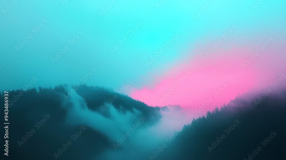 Misty Mountain Landscape at Dawn with Pink and Blue Sky Over Forested Peaks Misty Mountain Landscape at Dawn with Pink and Blue Sky Over Forested Peaks
