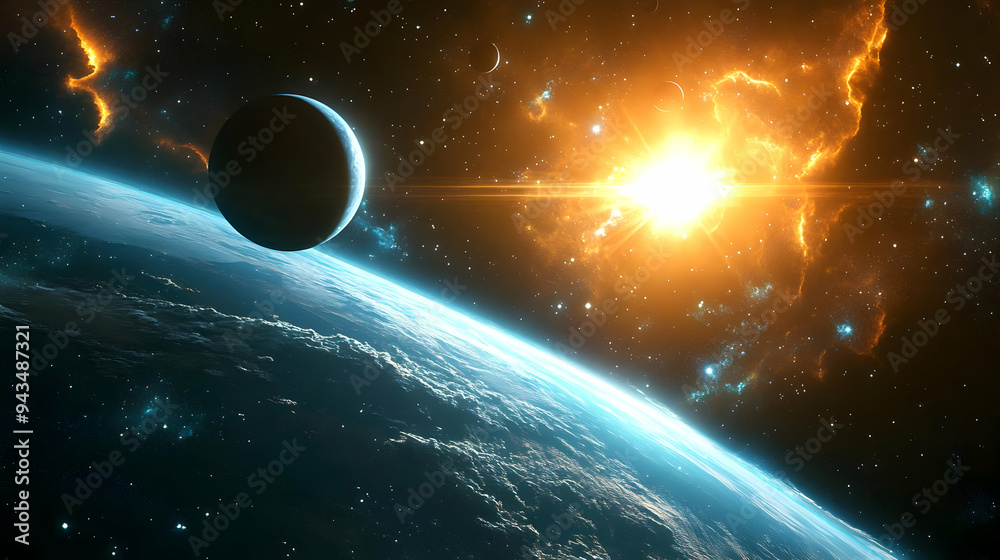 Obraz premium A blue planet with white clouds in the foreground, a bright sun and a dark planet in the background.