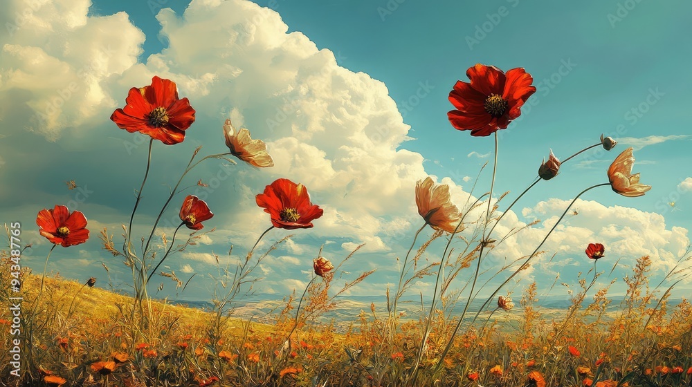 Obraz premium Autumn flowers in full bloom, with the sky as their backdrop.