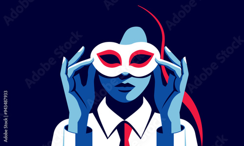 A mysterious lady in a carnival mask in a business suit. Flat illustration in minimalism style.