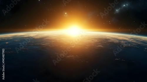 A breathtaking sunrise over a planet with clouds and stars in the distance. photo